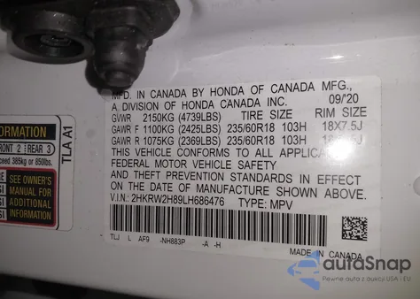 2020 Honda Cr-V Awd Ex-L z USA, uszkodzony, nr VIN 2HKRW2H89LH686476